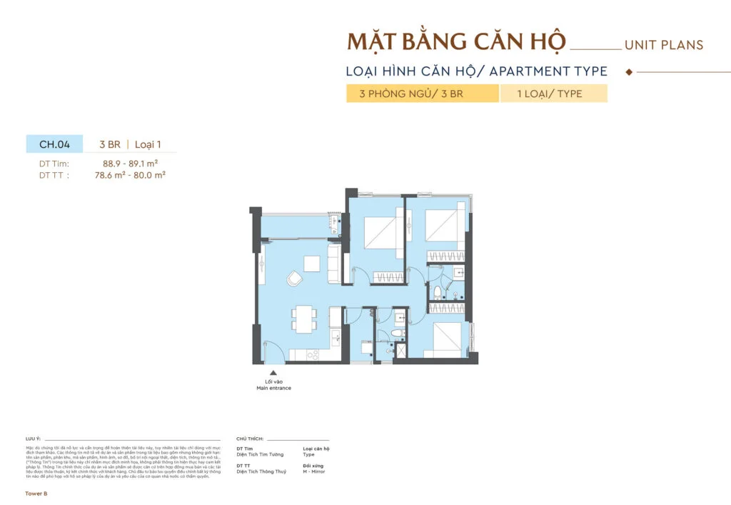 Mặt bằng căn 3 phòng ngủ Masteri Cao Xà Lá